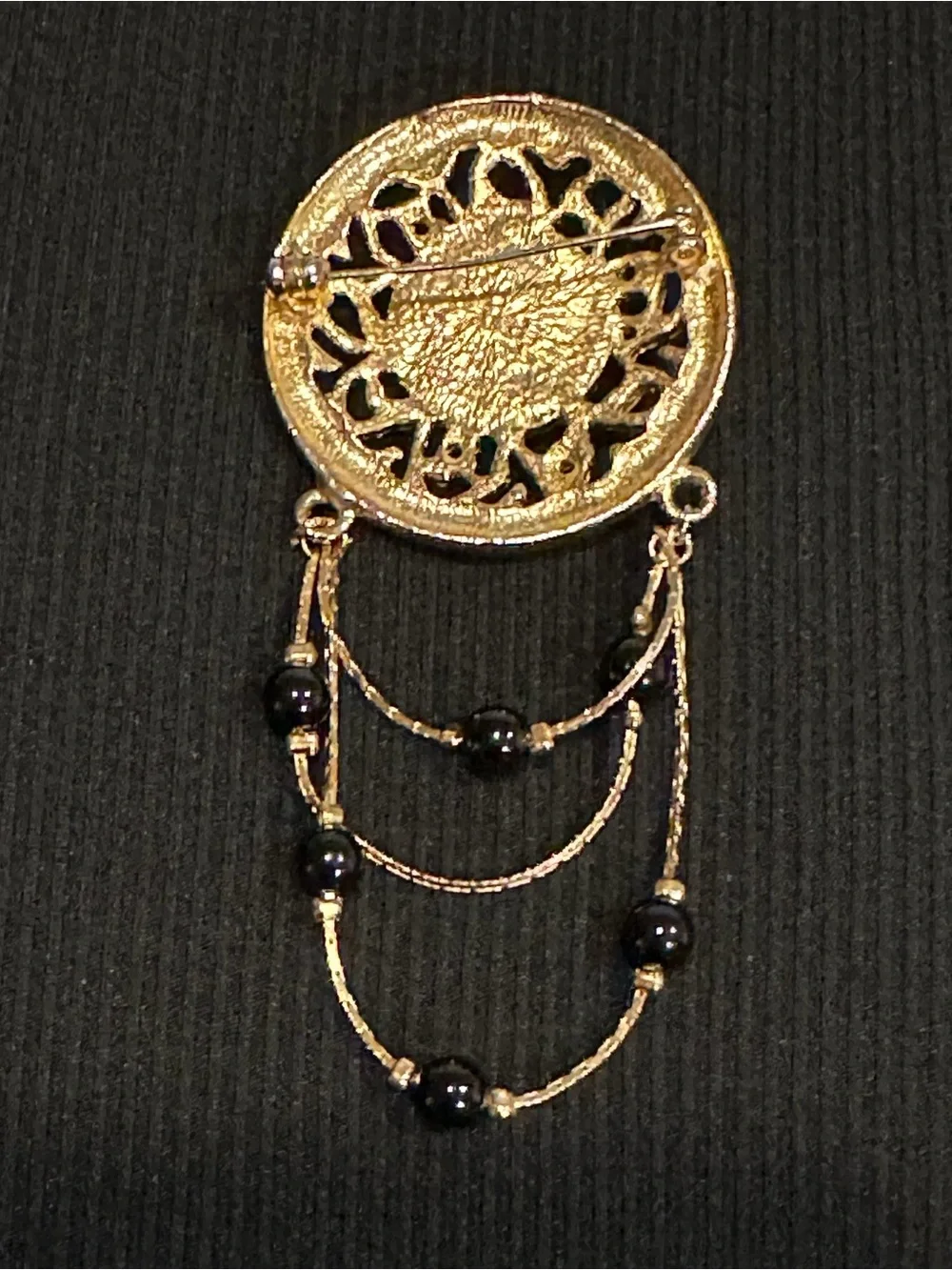 Vintage 1970s Victorian Revival Gold Tone Swag Brooch with Black Bead Dangles